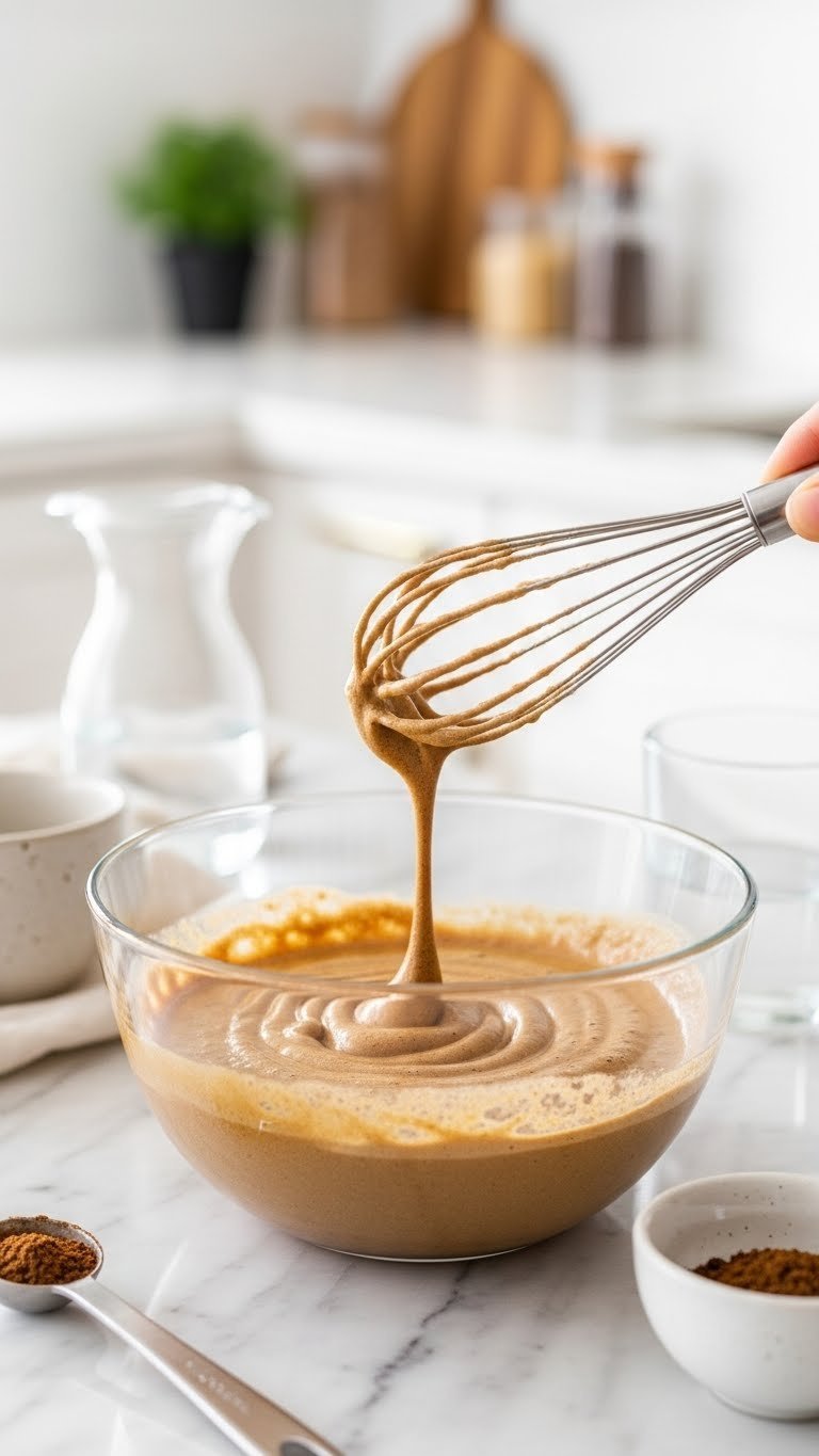 Partially whipped dalgona coffee mixture in a glass bowl with a whisk, showing a runny foam texture on a marble countertop.