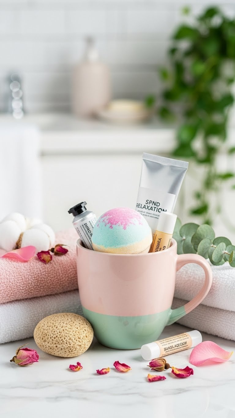 Pastel ceramic mug filled with vibrant bath bomb, hand cream, and lip balm surrounded by cotton towels on white marble spa gift