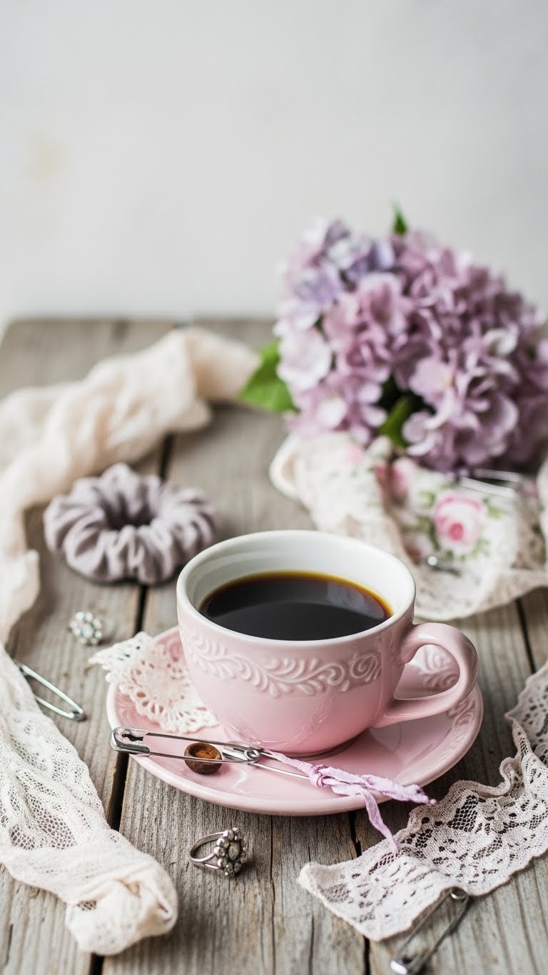 Pastel pink coffee cup with black coffee on distressed wooden surface surrounded by soft grunge elements