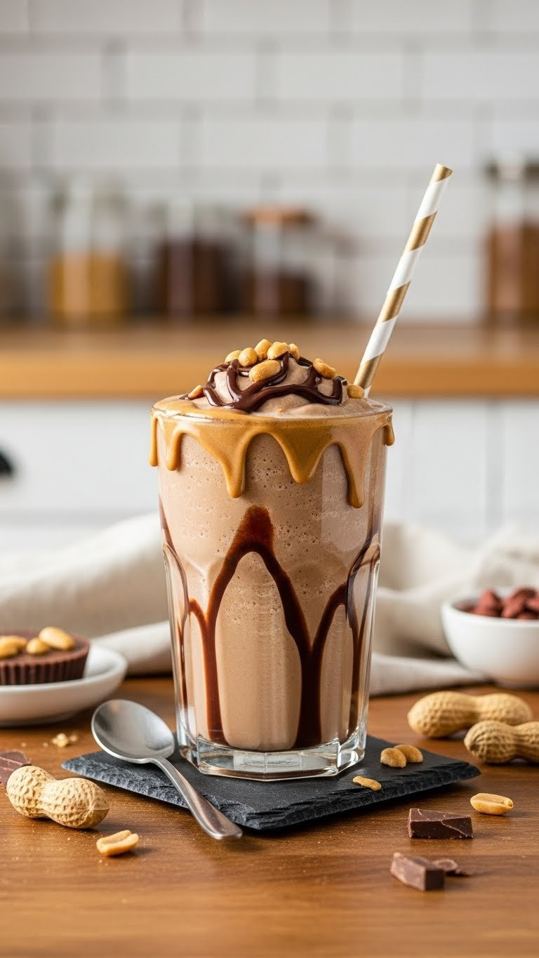 Peanut butter cup dairy-free protein coffee shake in a tall glass, chocolate drizzle, spoon, and peanuts.