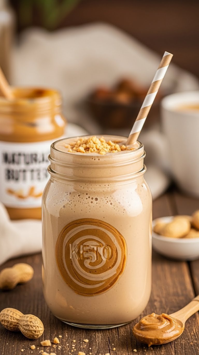Peanut butter keto coffee smoothie in mason jar with peanut butter swirl and crushed peanut topping