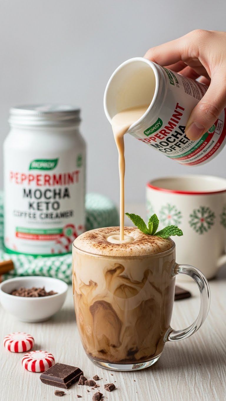 Peppermint mocha keto creamer poured into festive coffee mug garnished with fresh mint sprig on light wood table