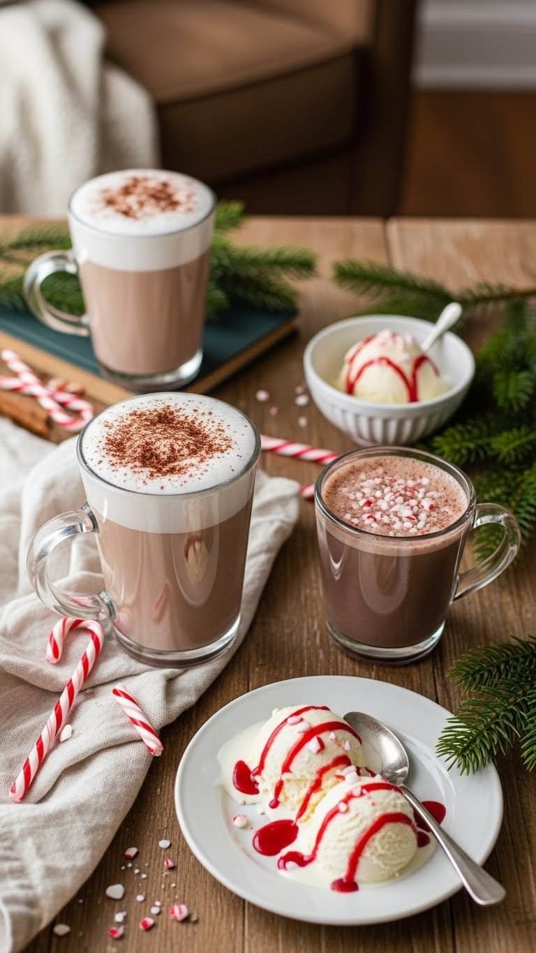 Peppermint mocha latte, hot chocolate, and ice cream flat lay with candy cane garnish on wooden table