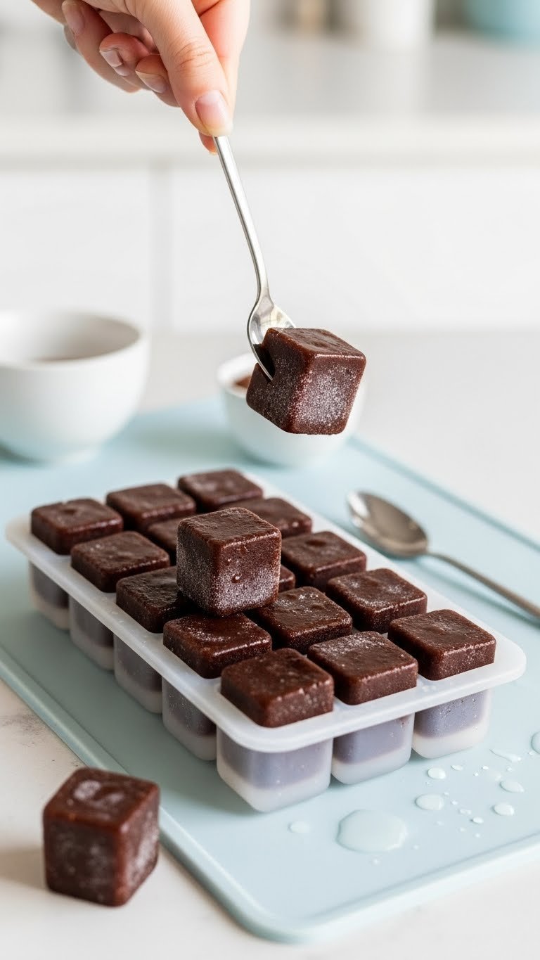 Perfect coffee ice cubes in clear silicone tray with frosty sheen and elegant spoon resting on blue silicone mat background.