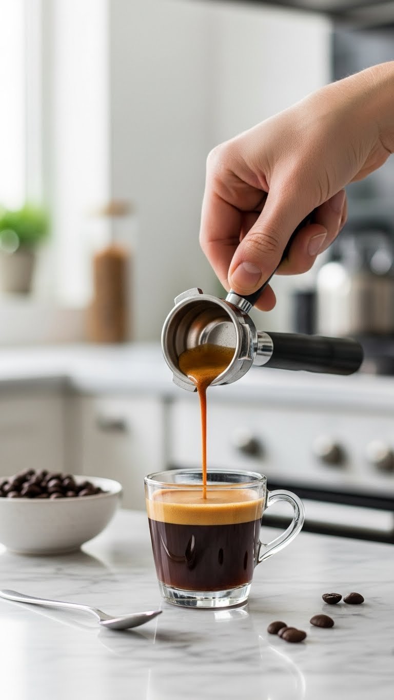 Perfect espresso shot with rich crema in demitasse cup on marble countertop with soft daylight illumination