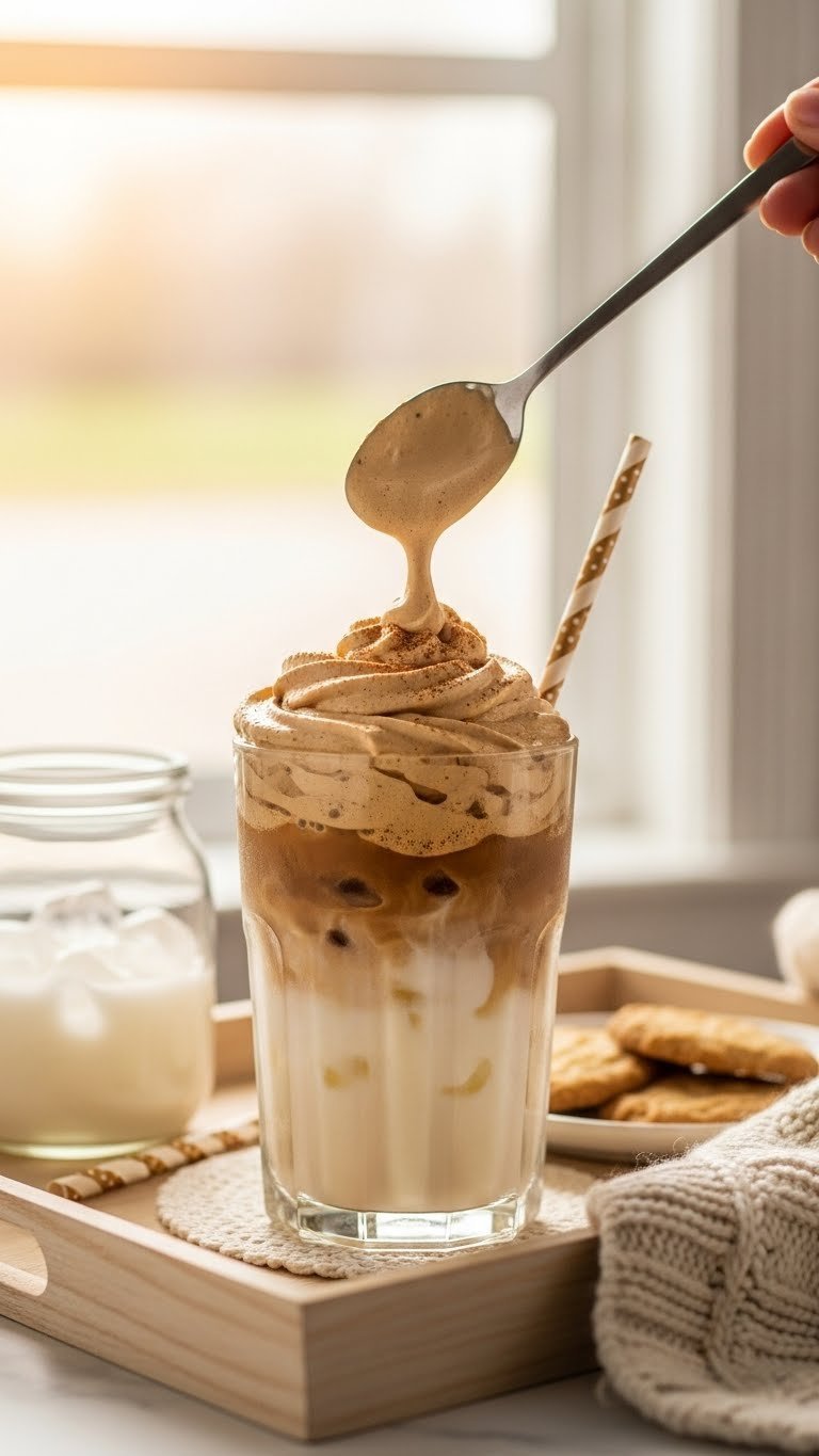 Perfectly assembled brown sugar whipped coffee drink with layered foam topping in golden hour light with cookies