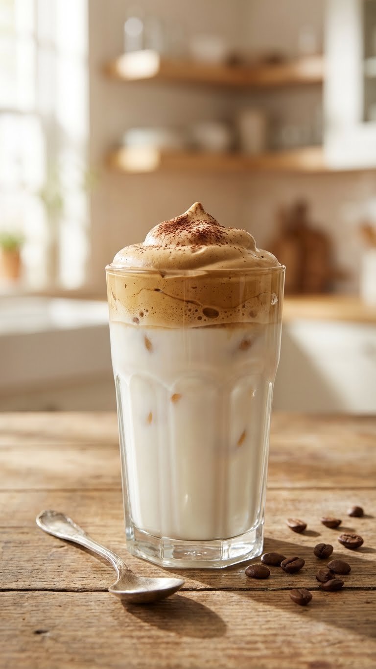Ultimate Collagen Whipped Coffee: Easy Fluffy Recipe 7 Perfectly assembled collagen whipped coffee in a tall glass, featuring cold milk, ice, and a thick, creamy brown foam layer.