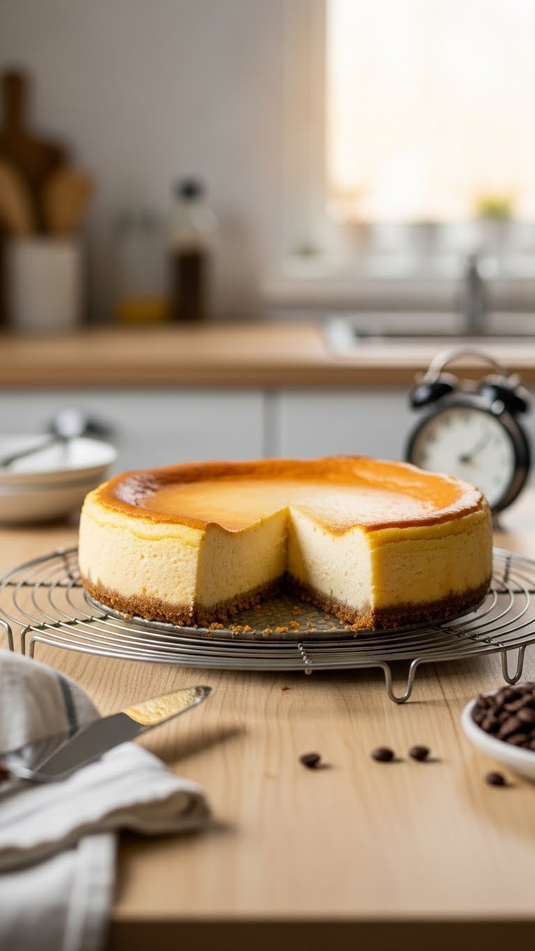 Perfectly baked keto coffee cheesecake cooling on wire rack with uncracked surface and golden edges in kitchen setting