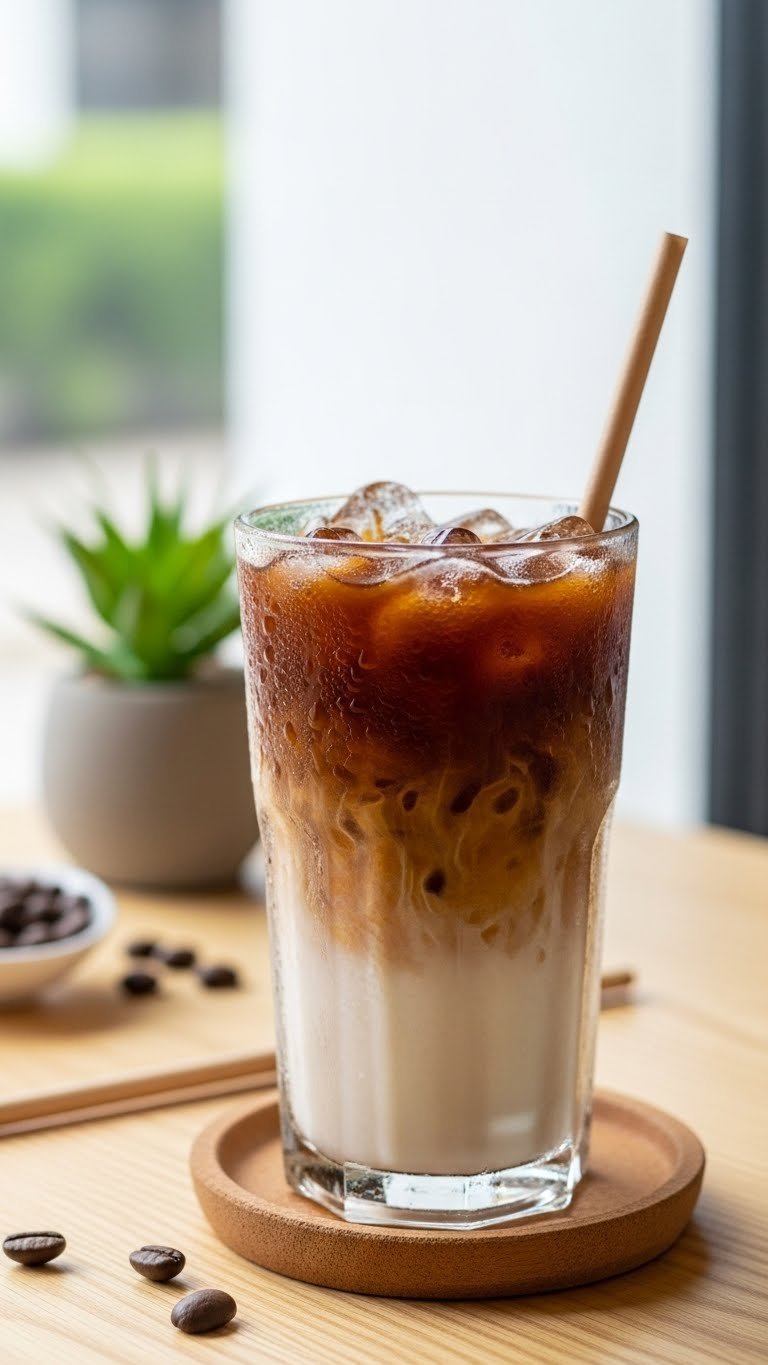Perfectly chilled Thai iced coffee in tall glass with condensation, ice cubes, and creamy top layer