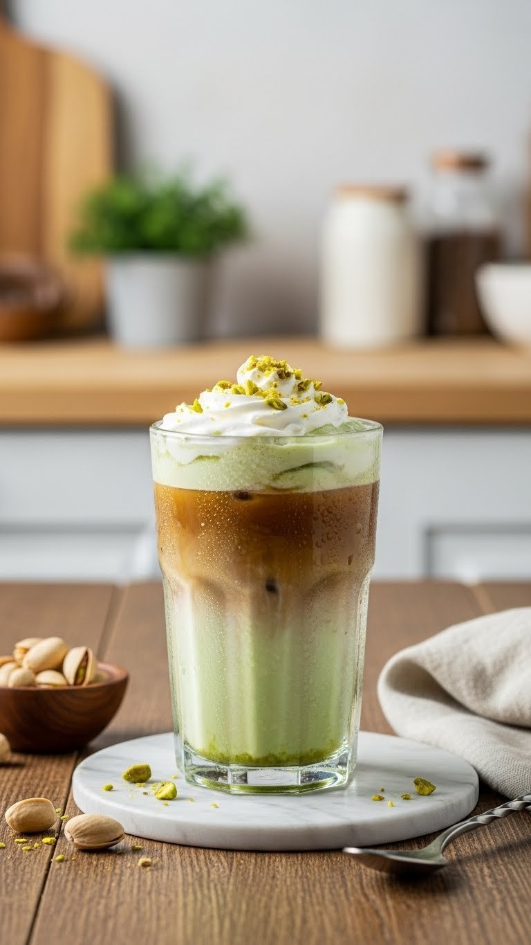 Perfectly crafted pistachio iced coffee in tall glass with whipped cream and chopped nuts on rustic wooden table in natural light