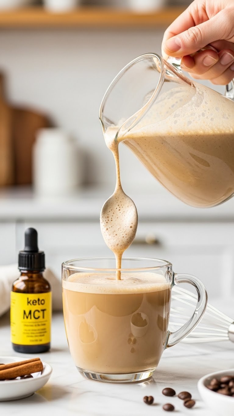 Perfectly frothed keto gingerbread coffee creamer with MCT oil being spooned from glass pitcher into clear coffee mug
