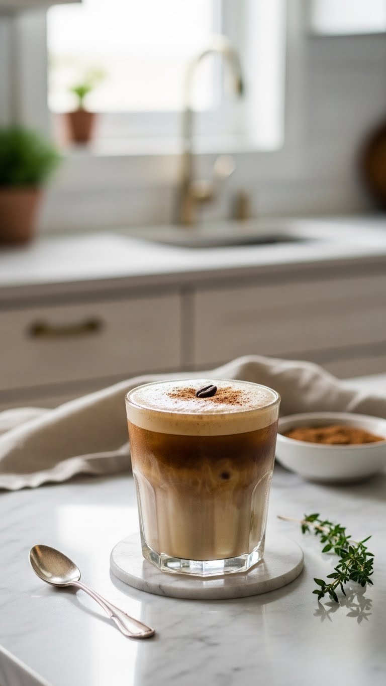 Perfectly garnished iced brown sugar coffee in clear glass with cinnamon dusting and coffee bean on marble countertop