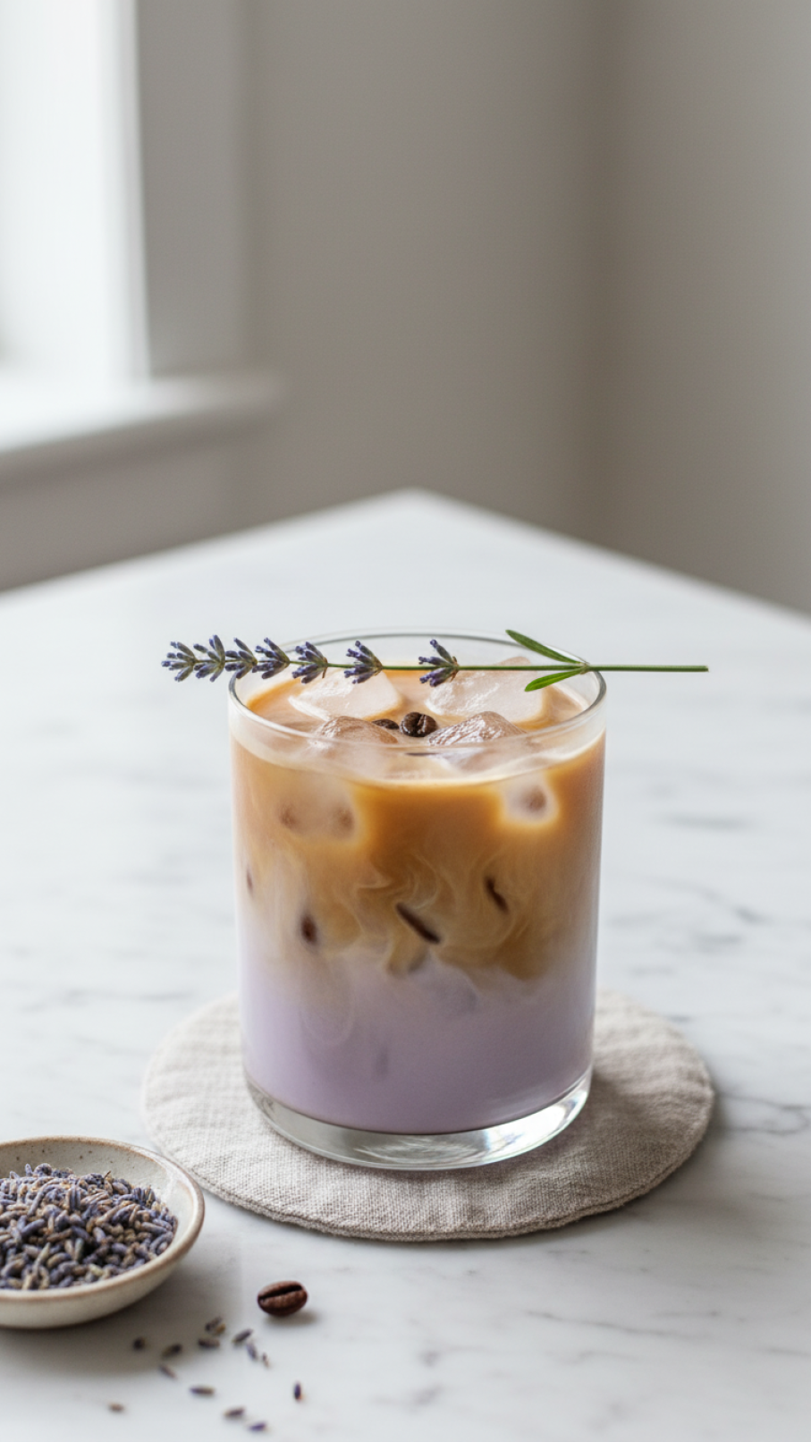 Perfectly garnished lavender iced coffee with elegant presentation on marble countertop in soft light