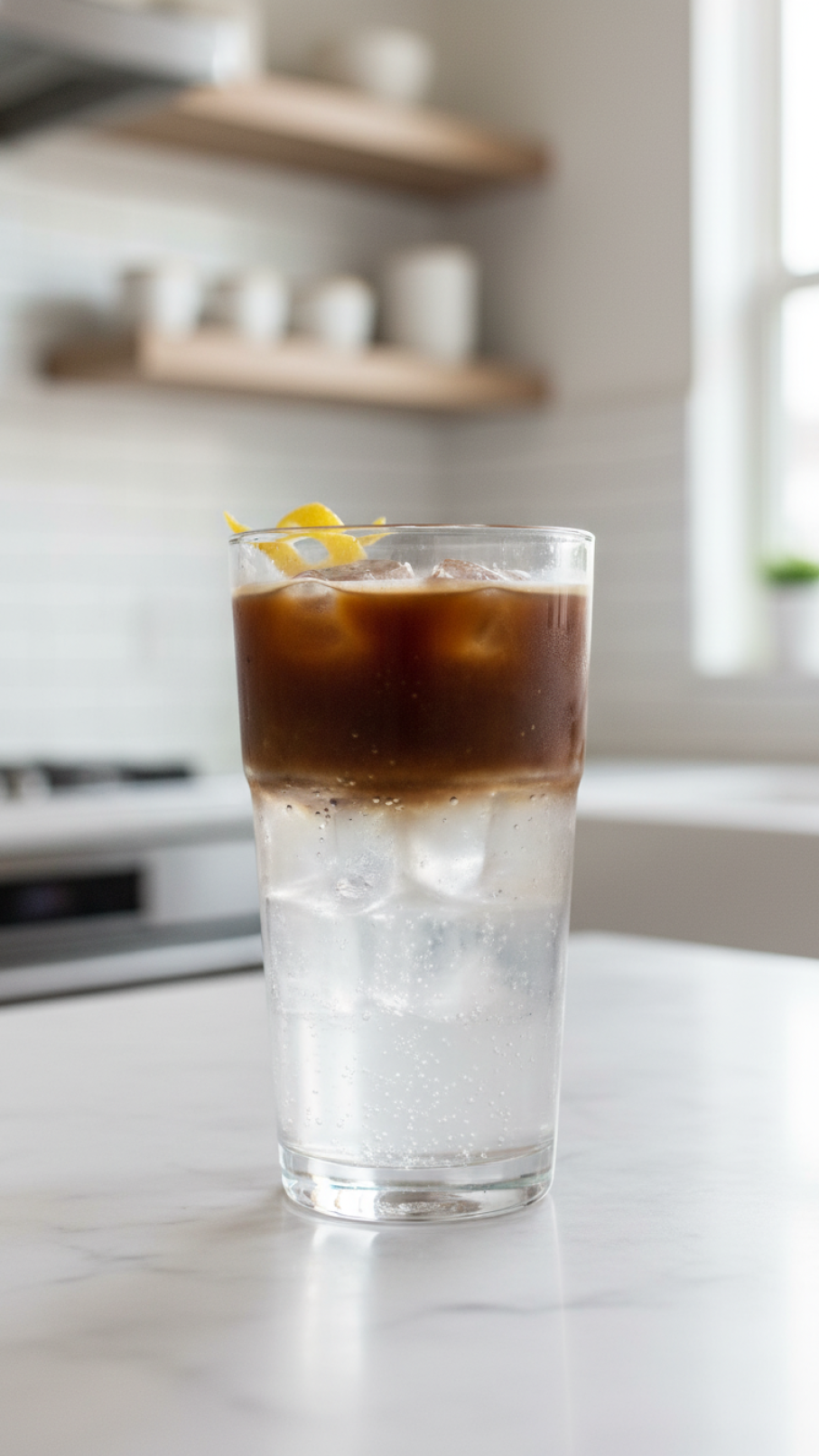 Perfectly layered classic espresso tonic in crystal-clear highball glass with lemon twist garnish on marble countertop