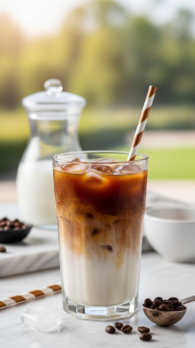 Perfectly layered iced coffee in tall glass showing distinct coffee, milk, and ice layers with condensation on marble surface.
