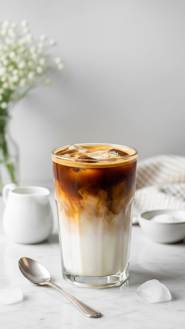 Perfectly layered iced latte in clear glass showing espresso swirl in milk on marble countertop with milk pitcher