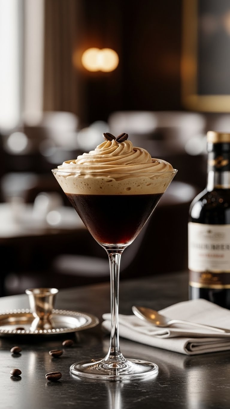 Master Whipped Coffee Espresso Martini: 7 Proven Tips 9 Perfectly layered whipped coffee espresso martini in elegant glass with coffee bean garnish on sleek bar