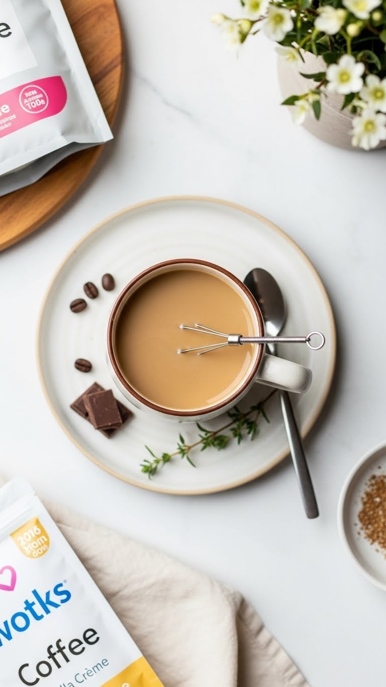 Perfectly mixed vanilla creme keto coffee with small whisk on textured ceramic plate