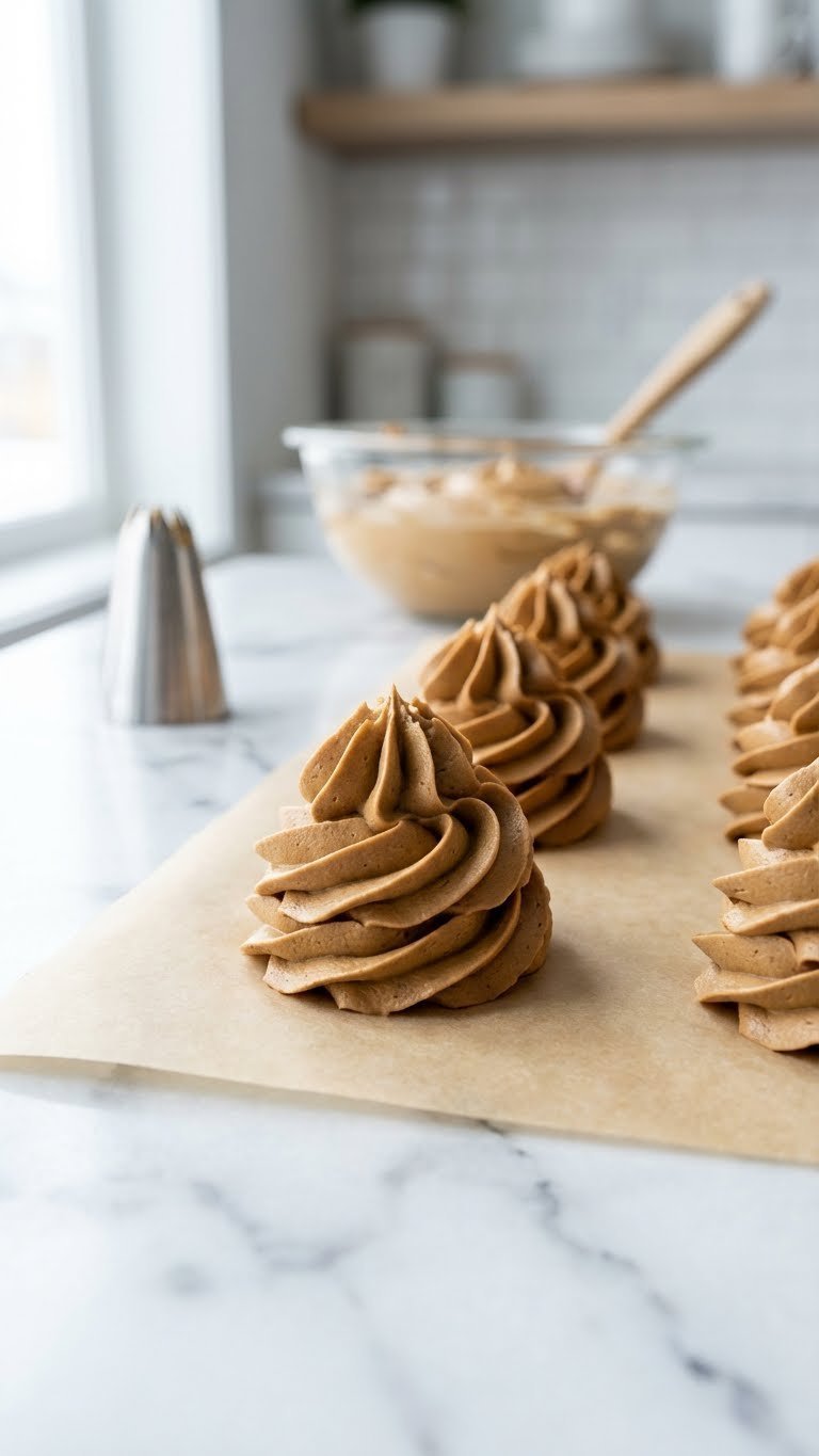 Whipped Coffee Frosting Recipe Easy Stable Fluffy Guide 7 Perfectly piped rosettes of coffee whipped cream on parchment paper demonstrating stable texture