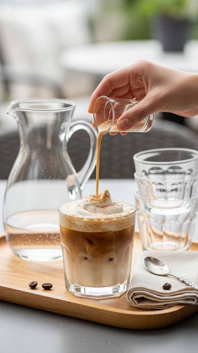 Perfectly poured iced coffee with whipped cream being served on wooden tray with pitcher and glasses