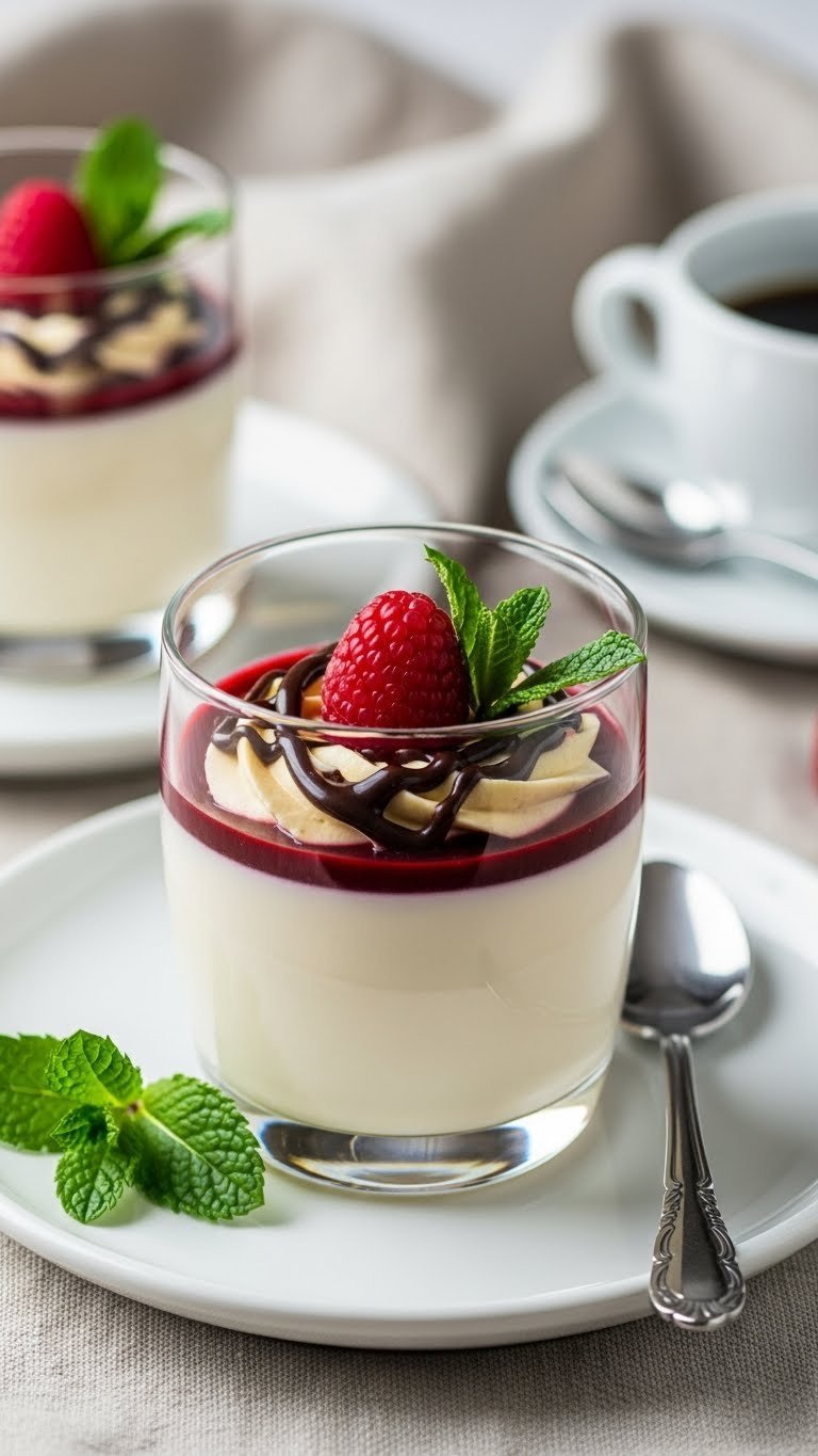 Perfectly set keto coffee panna cotta with sugar-free chocolate syrup and raspberry garnish on white plate
