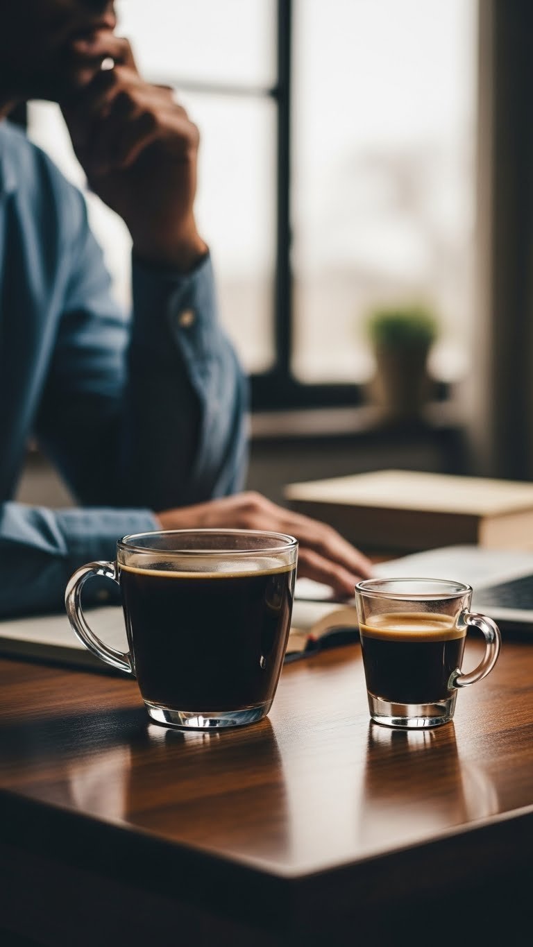 Person contemplating choice between black coffee mug and espresso shot on wooden table