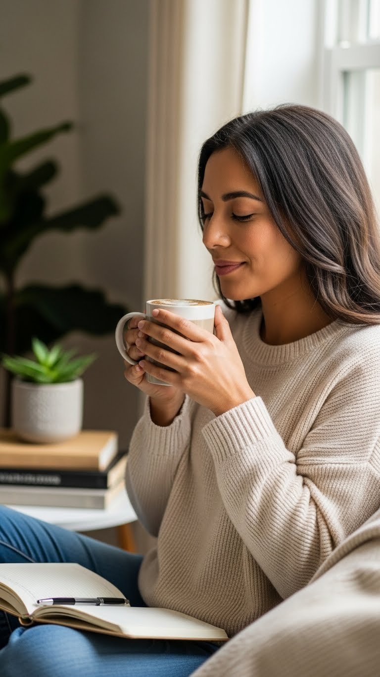 Person enjoying keto bulletproof coffee while sitting by window in serene home office setting