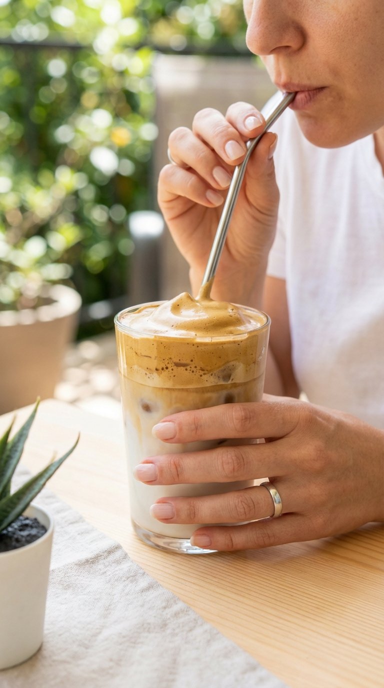 Iced Coconut Whipped Coffee: Ultimate Easy Vegan Recipe 11 Person holding clear glass of layered iced coconut whipped coffee with straw preparing to take first sip