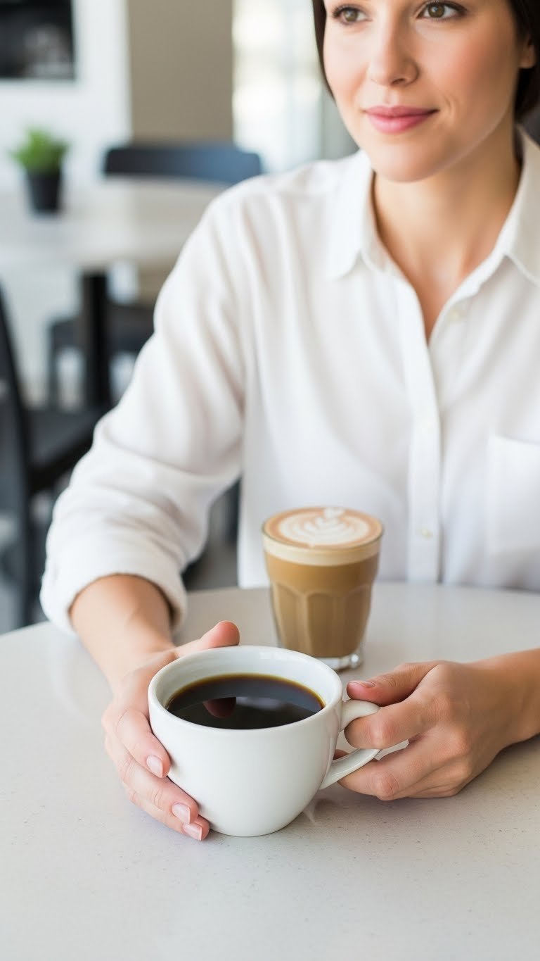 Person holding simple black coffee mug with knowing smirk while elaborate latte sits neglected in blurred cafe background