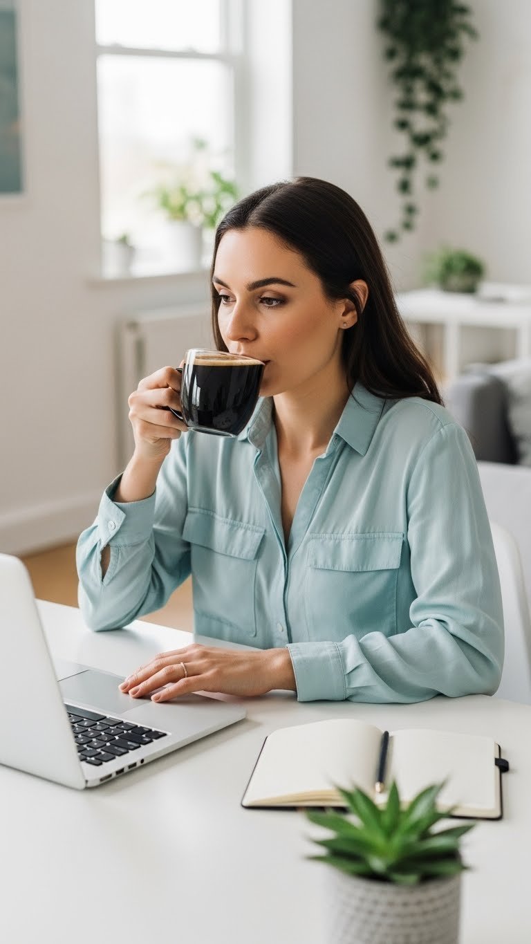 Black Coffee vs Milk Coffee: Your Definitive Health Guide 5 Person in a home office displays energetic black coffee effects versus calm milk coffee energy, promoting focus.