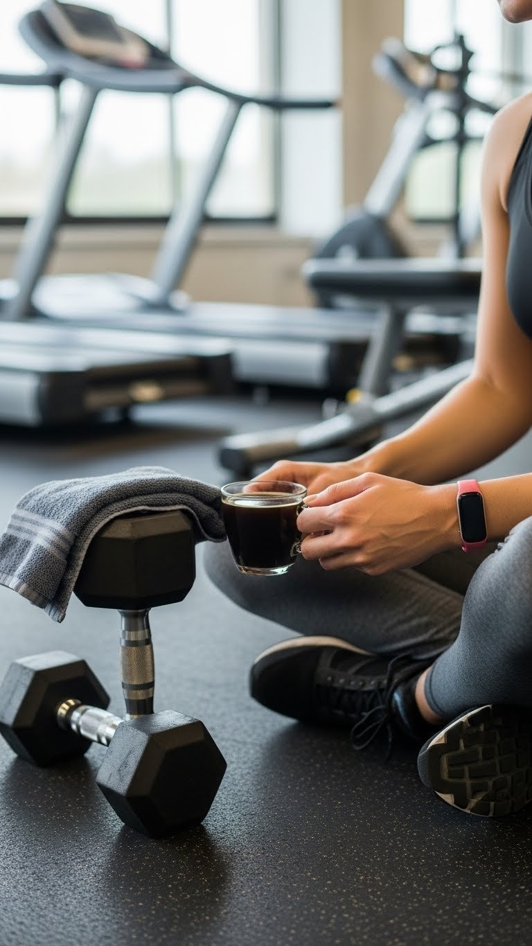Person in activewear holding black coffee next to gym dumbbell on grey fitness floor