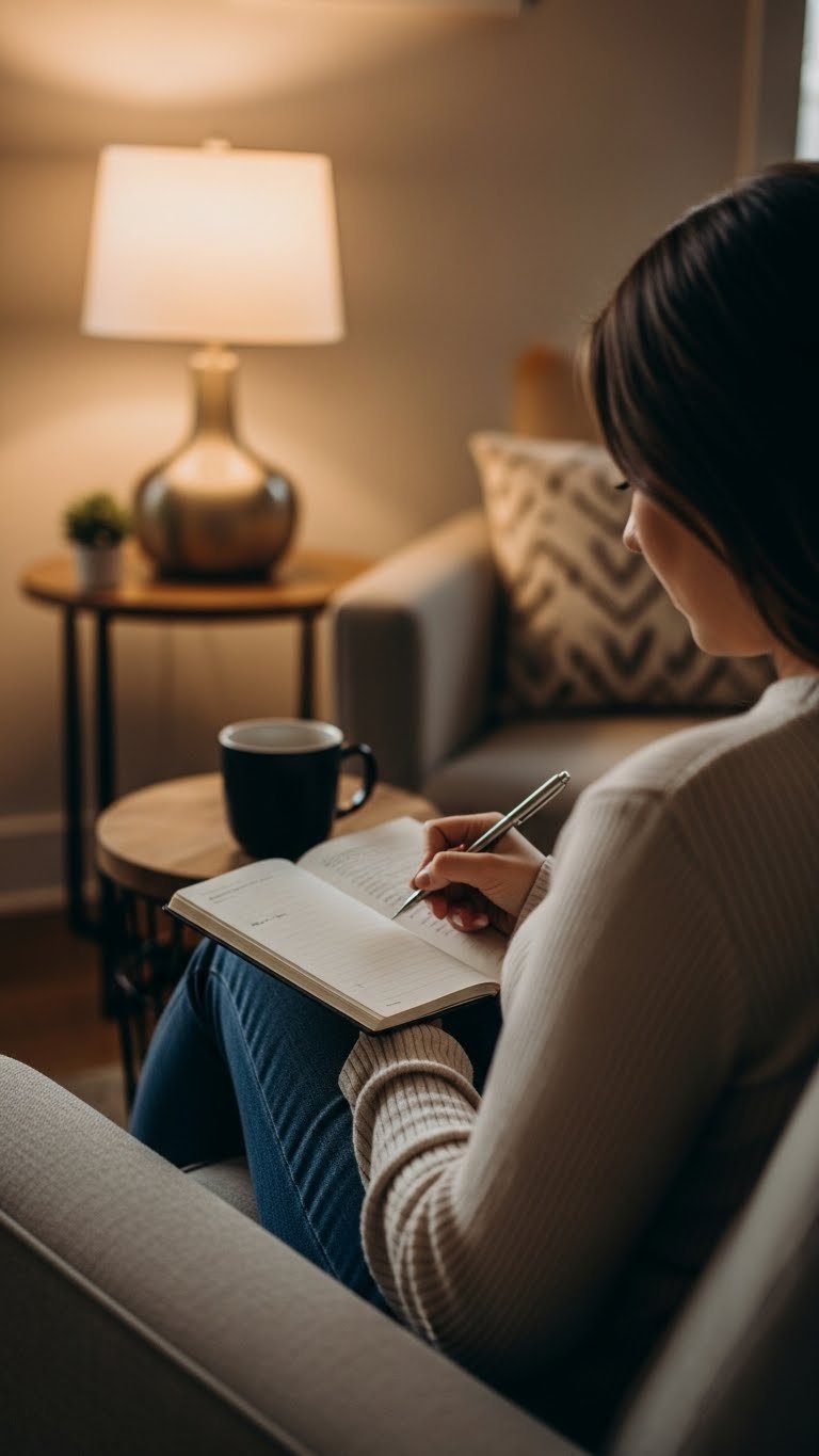 Person journaling in dimly lit room with black coffee mug on nearby table surrounded by cozy textures