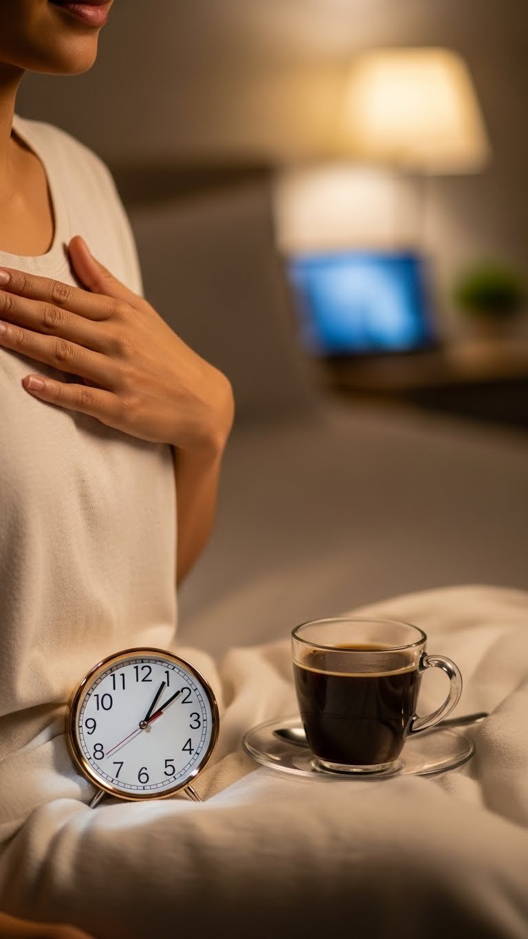 Person placing hand on chest with blurred night clock and half-empty coffee cup in warm ambient lighting