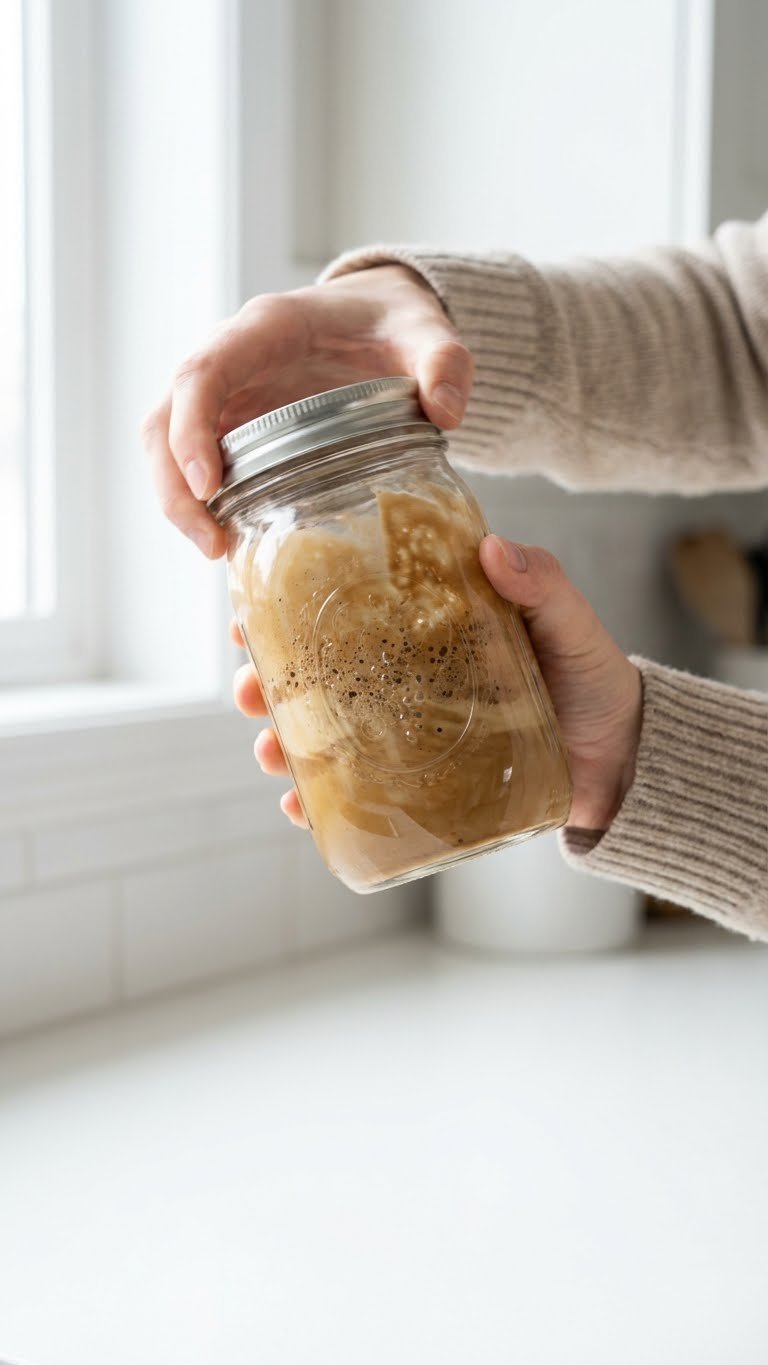 Nutella Whipped Coffee Recipe Easy Fluffy Cafe Style Guide 5 Person shaking clear mason jar containing frothy Nutella coffee mixture in kitchen preparation action shot