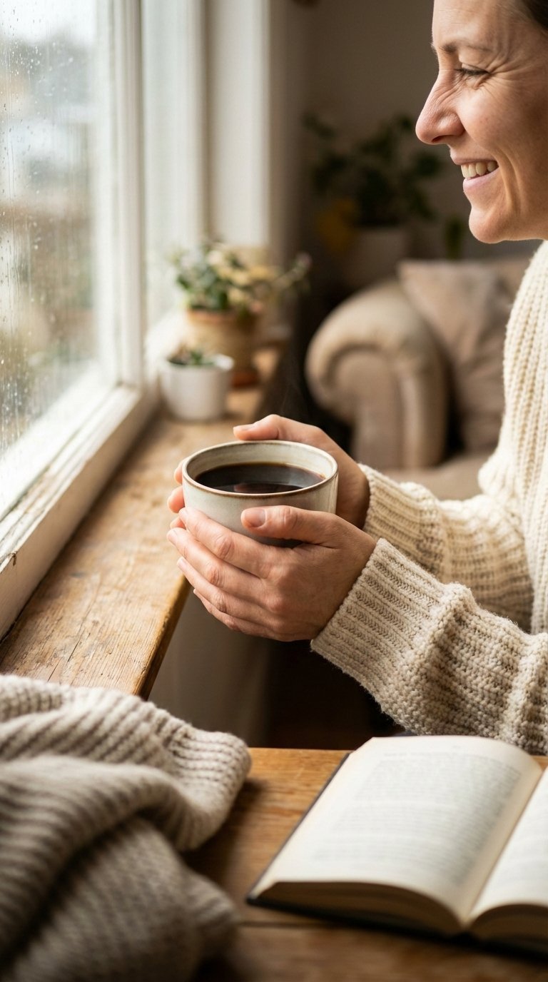 Black Coffee Benefits: Unlock 7 Essential Health Advantages 13 Person smiling while enjoying black coffee in cozy armchair with soft natural lighting