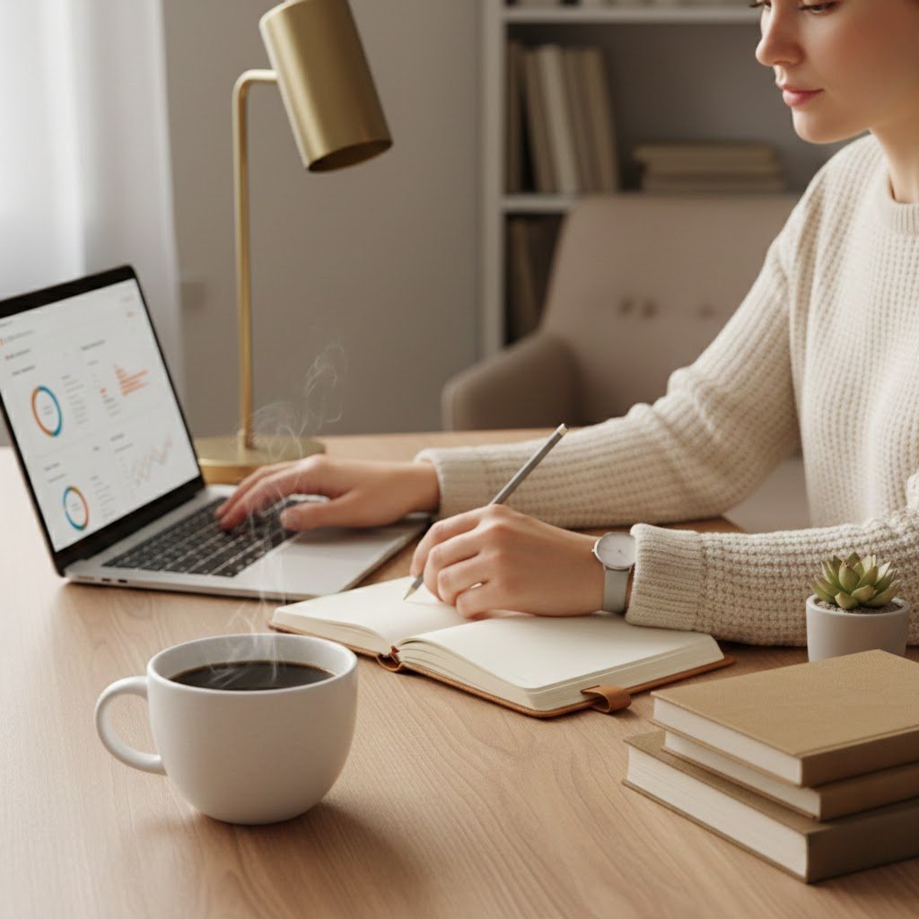 Black Coffee Benefits: Unlock 7 Essential Health Advantages 3 Person studying with black coffee on wooden desk surrounded by work materials and laptop
