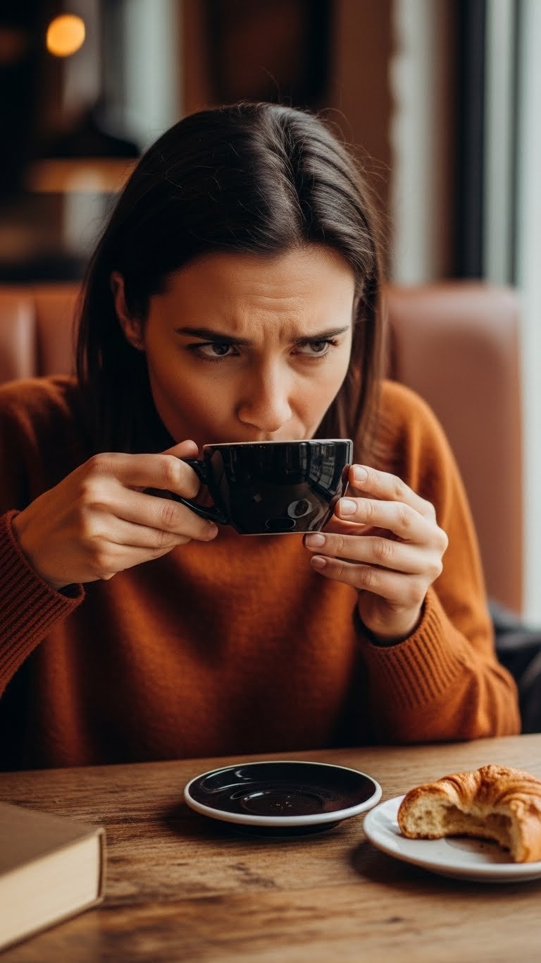 Person taking thoughtful sip from black coffee cup with concentrated expression in cozy cafe setting