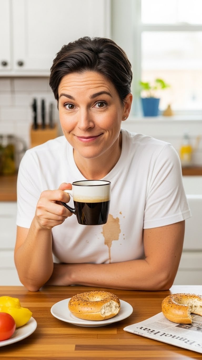 Person with mischievous grin holding black coffee mug with coffee stain on shirt in casual kitchen