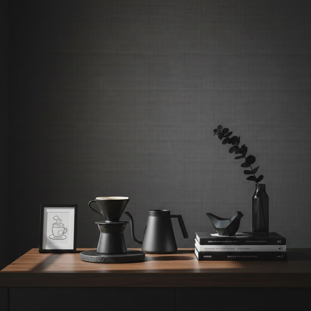 Personalized black coffee bar with minimalist artwork and coffee table books arranged on dark wooden countertop