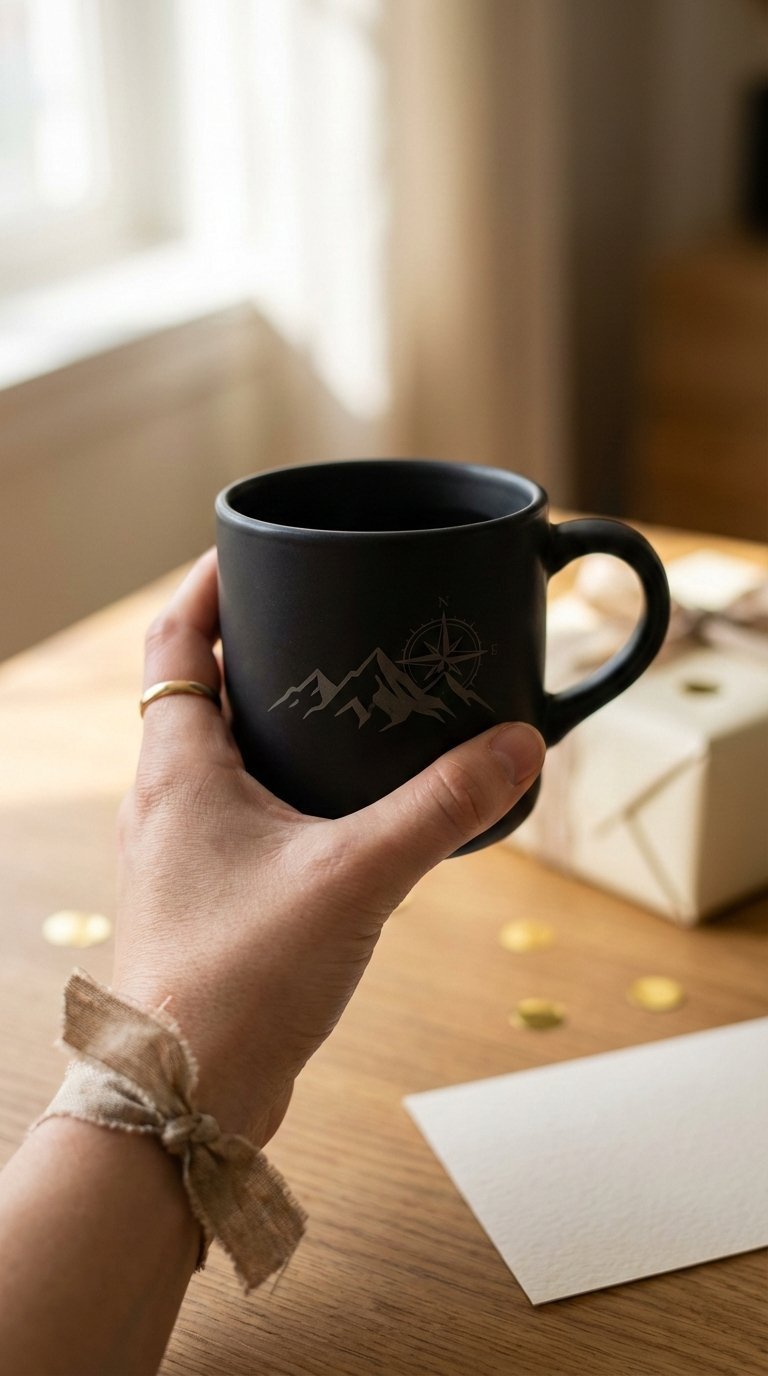 Personalized black coffee cup with custom graphic design held as gift presentation