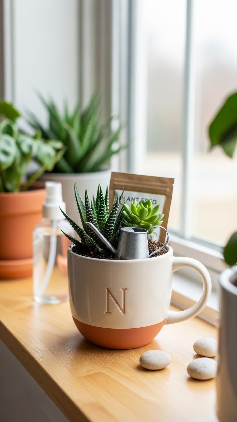Personalized ceramic mug with live succulent, mini watering can, and plant food on light wooden windowsill