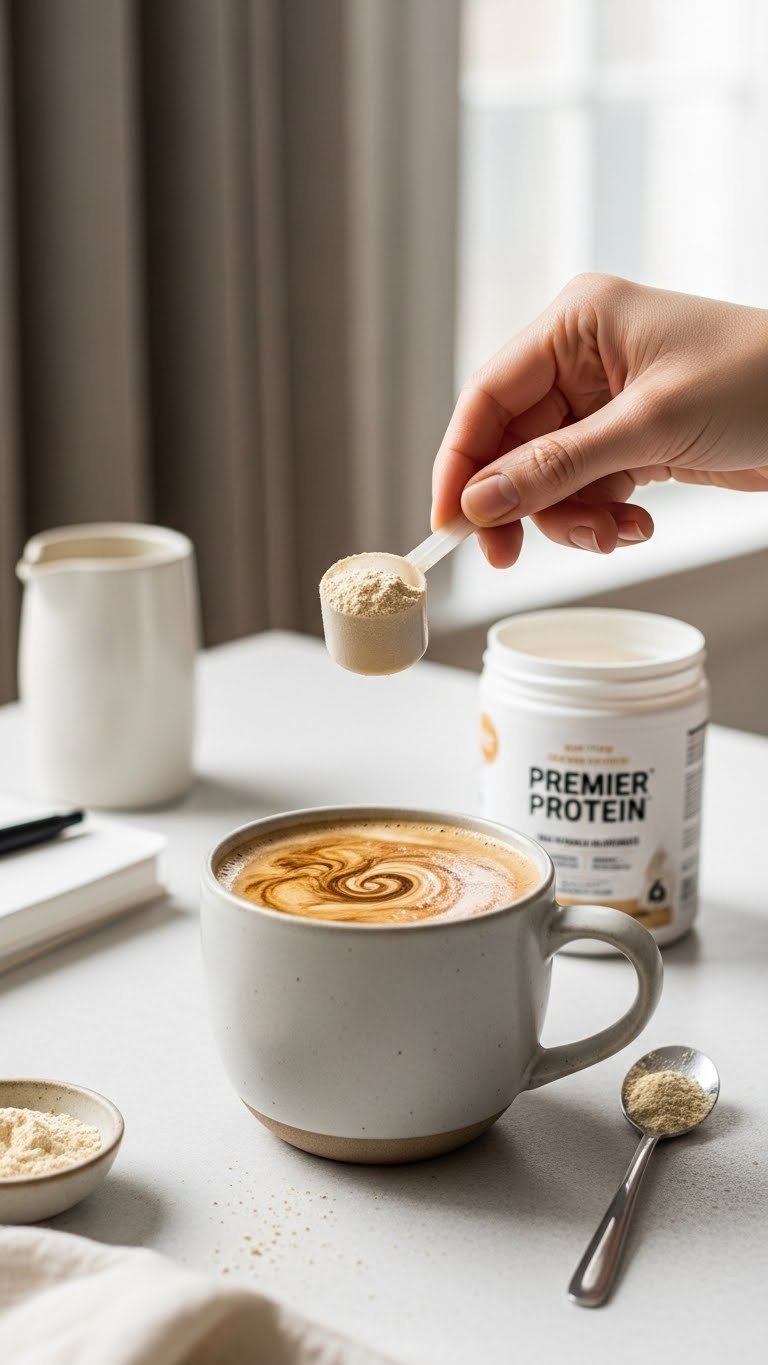 Easy Premier Protein Coffee Recipes: 11 Delicious Drinks 21 Personalized coffee with Premier Protein powder being stirred into a ceramic mug, with protein container and spoon.