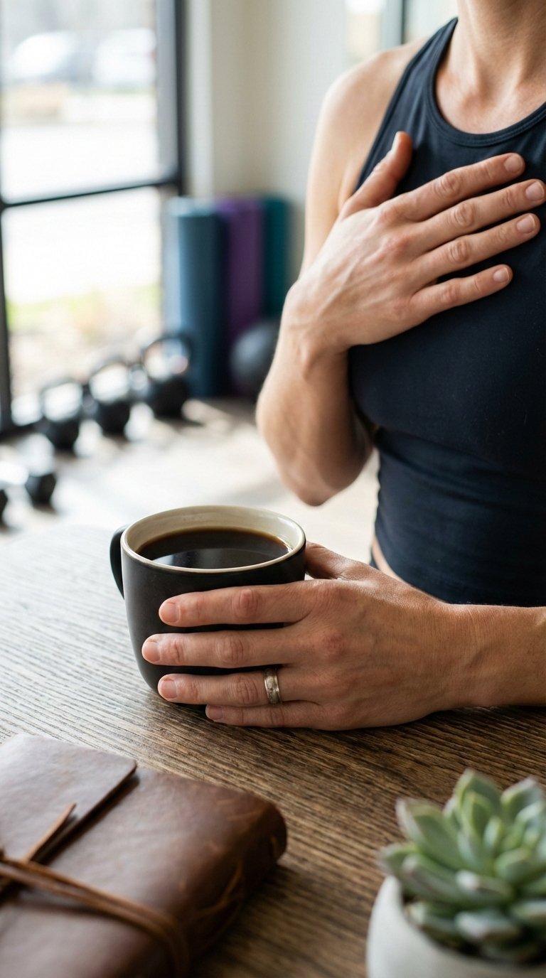 Person's hand holding black coffee cup with mindfulness gesture for gym awareness