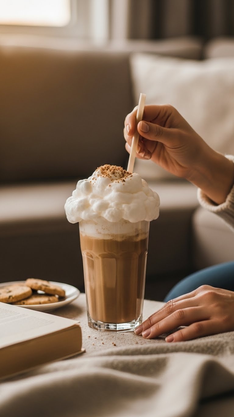 Person's hand holding garnished cloud coffee drink with straw ready for first sip