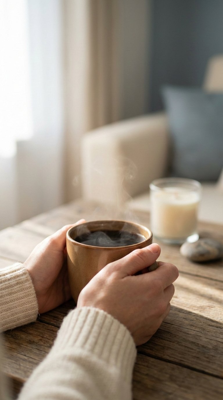 Person's hands cupping steaming black coffee mug with scented candle and river stone on rustic wooden table