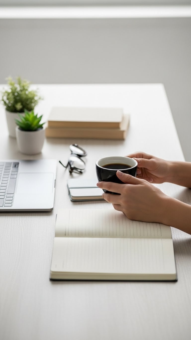 Person's hands holding black coffee cup next to laptop and notebook during productive work session