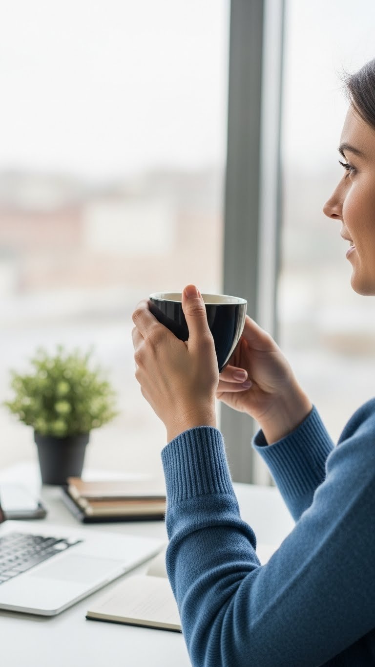 Person's hands holding black coffee cup with bright alert expression in modern office environment
