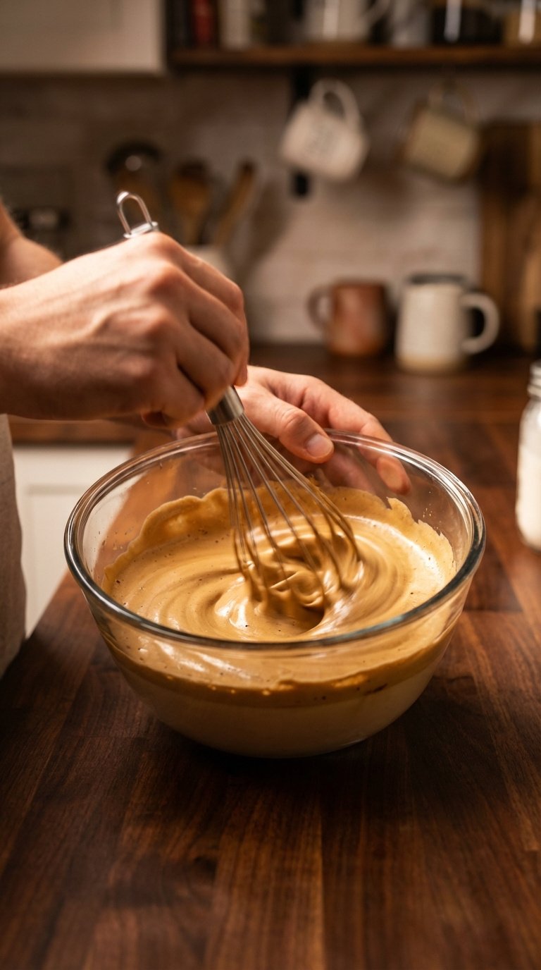 Person's hands whisking coffee mixture in glass bowl with motion blur showing manual preparation method