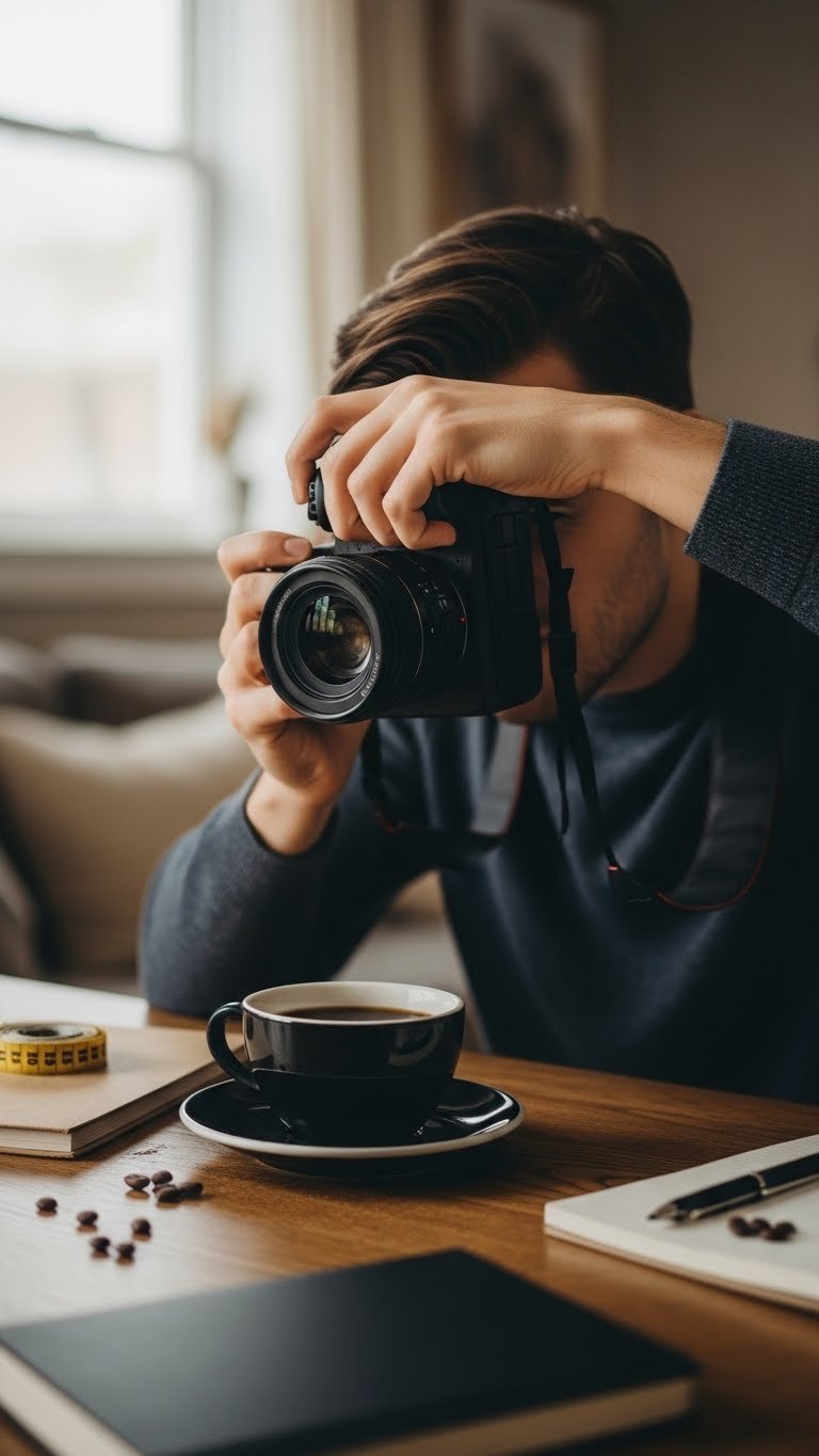 Photographer's hands composing shot of black coffee cup on cozy wooden table from POV perspective