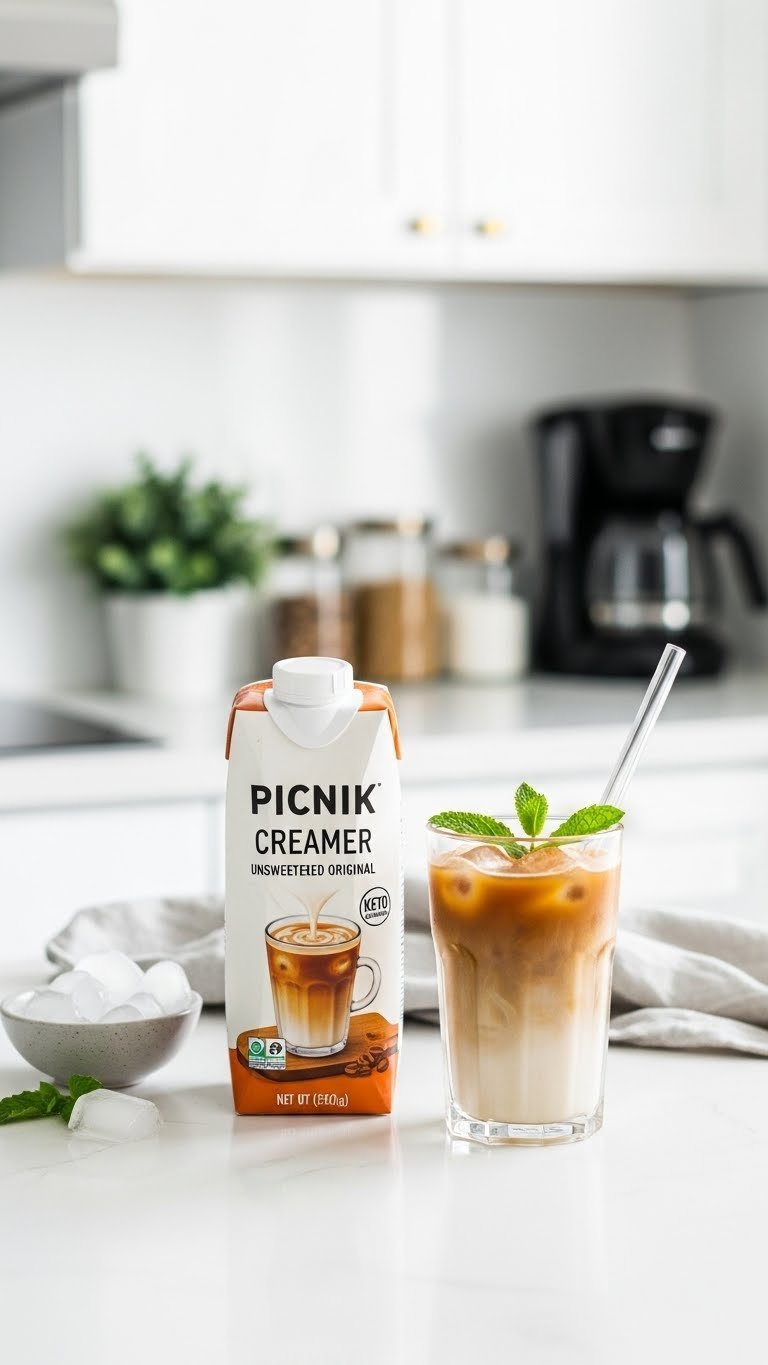 Picnik Creamer carton displayed next to iced coffee glass with ice cubes on white countertop